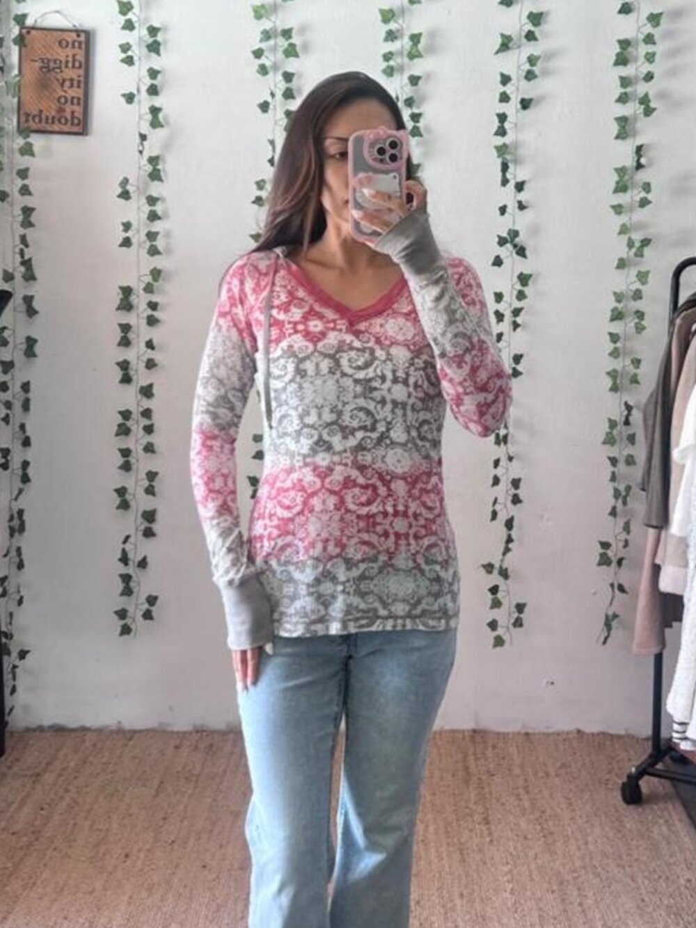 Buffalo by David Bitton Y2K grey, white and red hooded waffle knit thermal